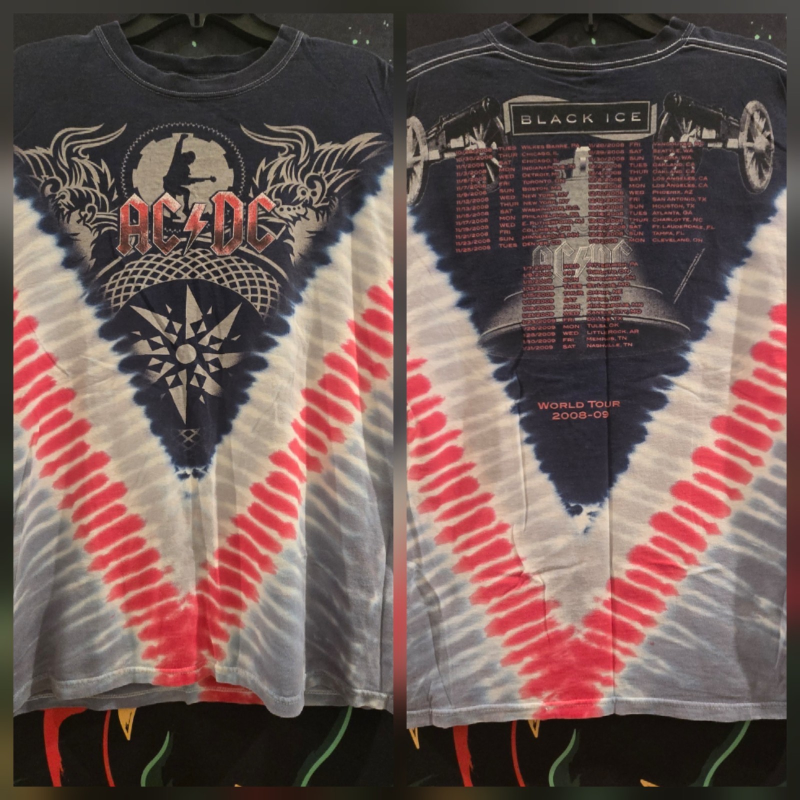 Vintage AC/DC Black Ice Pleated V Tie Dye Official 2008 Tour Concert Shirt Sz L