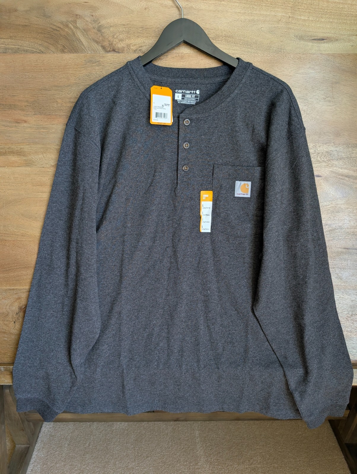 NWT Carhartt Pocket Henley T-Shirt Mens Large Dark Gray Loose Fit Heavyweight