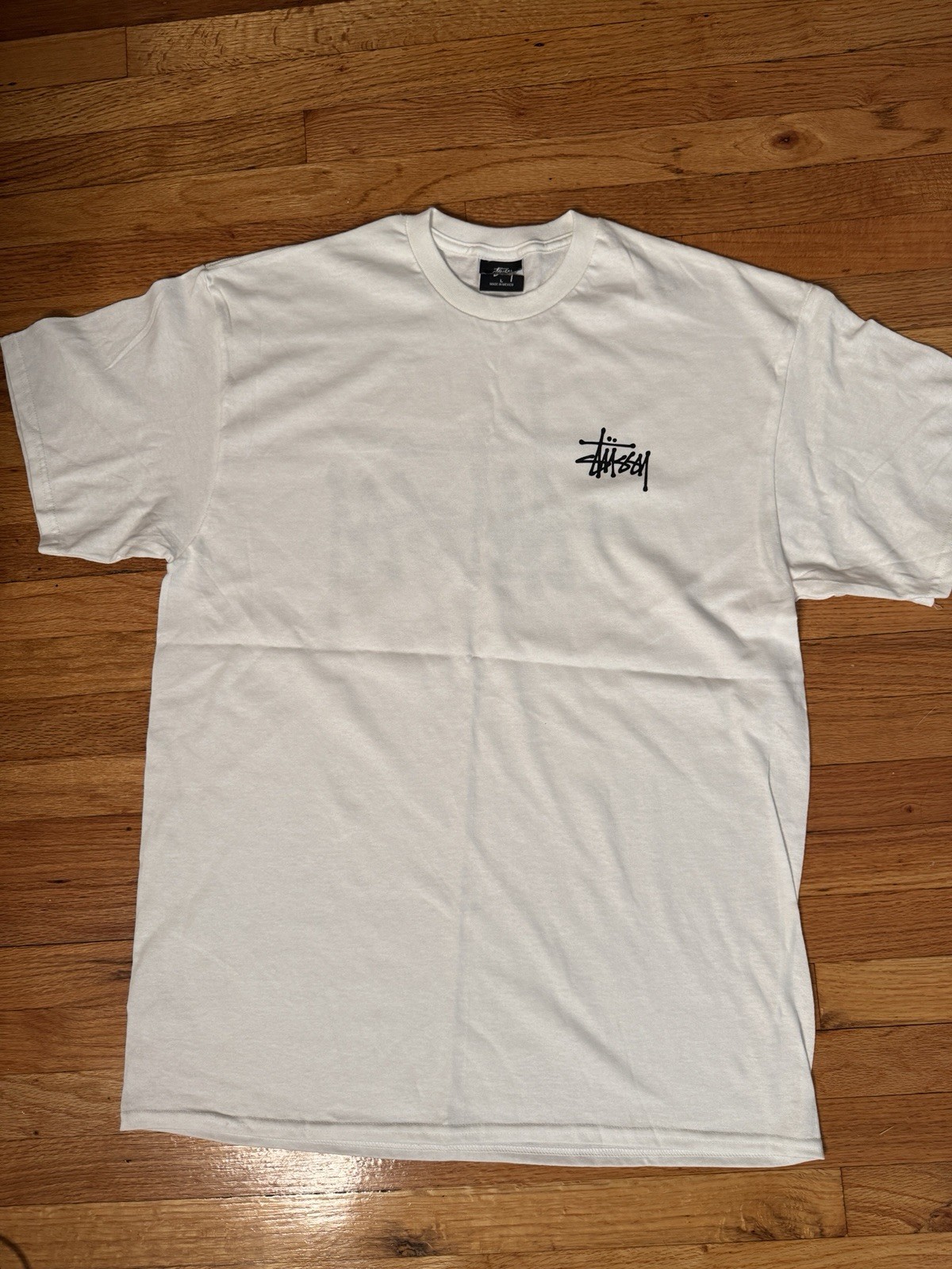 Stussy Basic Logo T Shirt White Black Graphic NWOT Cut Neck Tag Made in Mexico
