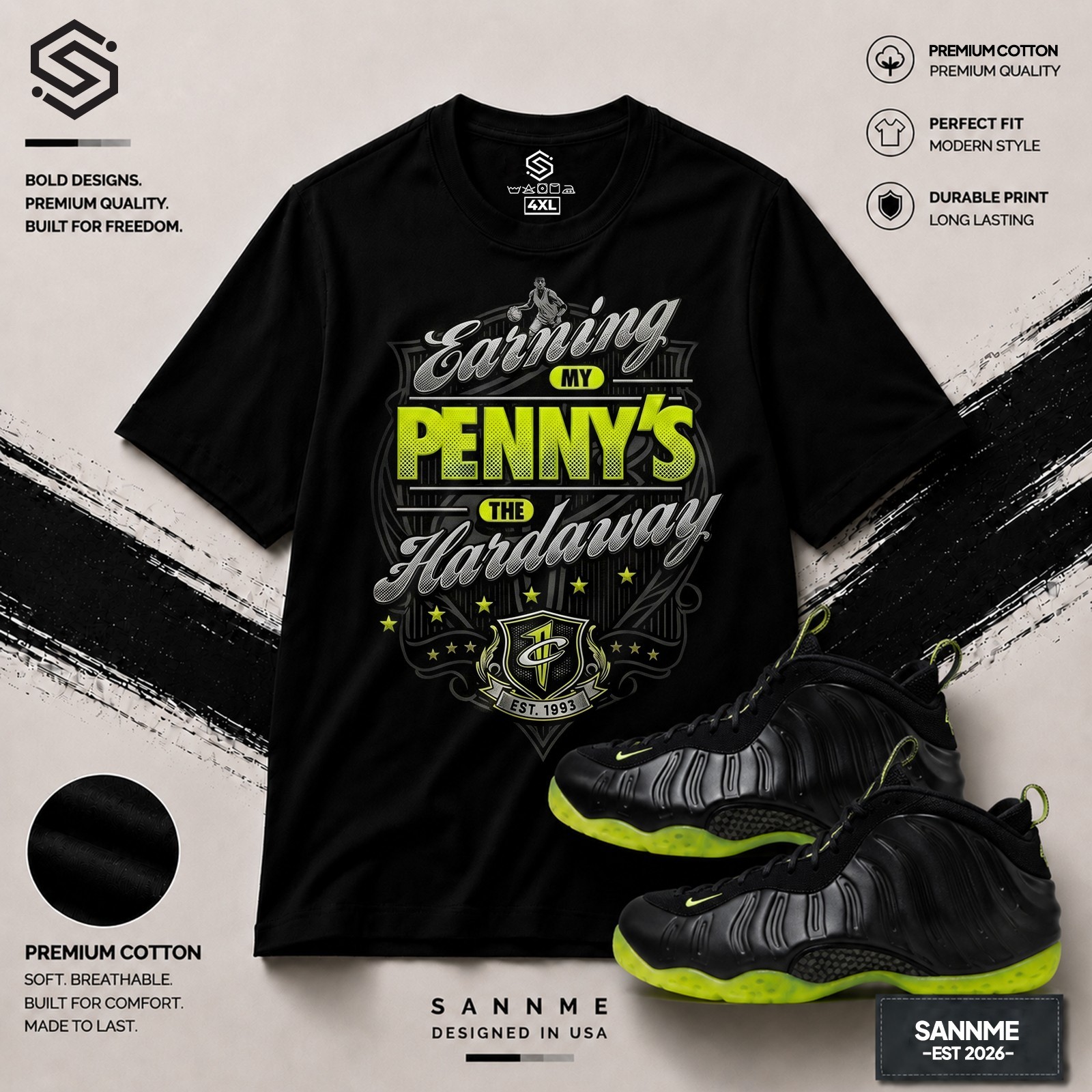 Sneaker Tees To Match Foamposite Volt Black Sneakers – Earning Pennies Shirts
