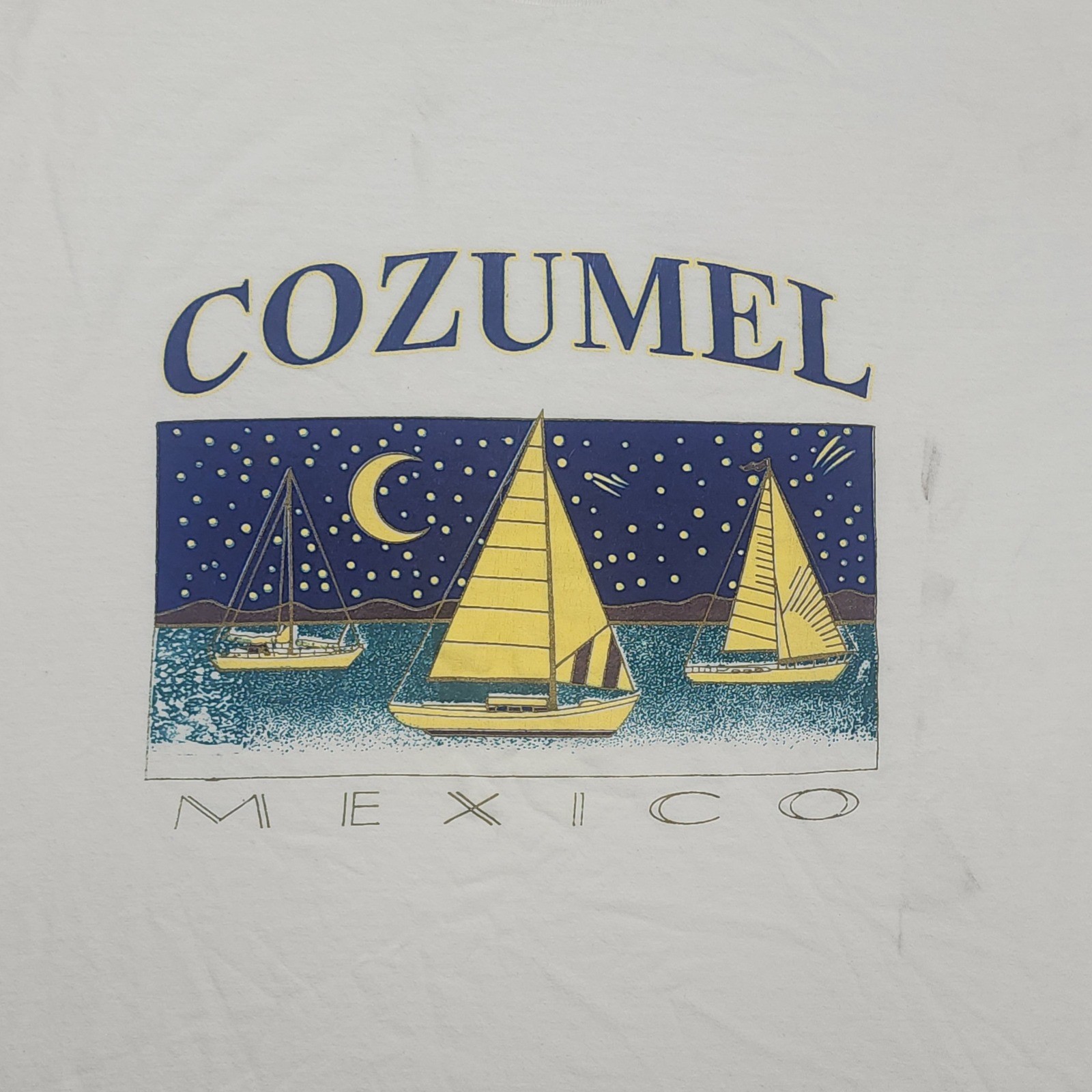 M&O Knits Cozumel Mexico Sailboat Graphic Tee Mens XL White Good Vintage Style