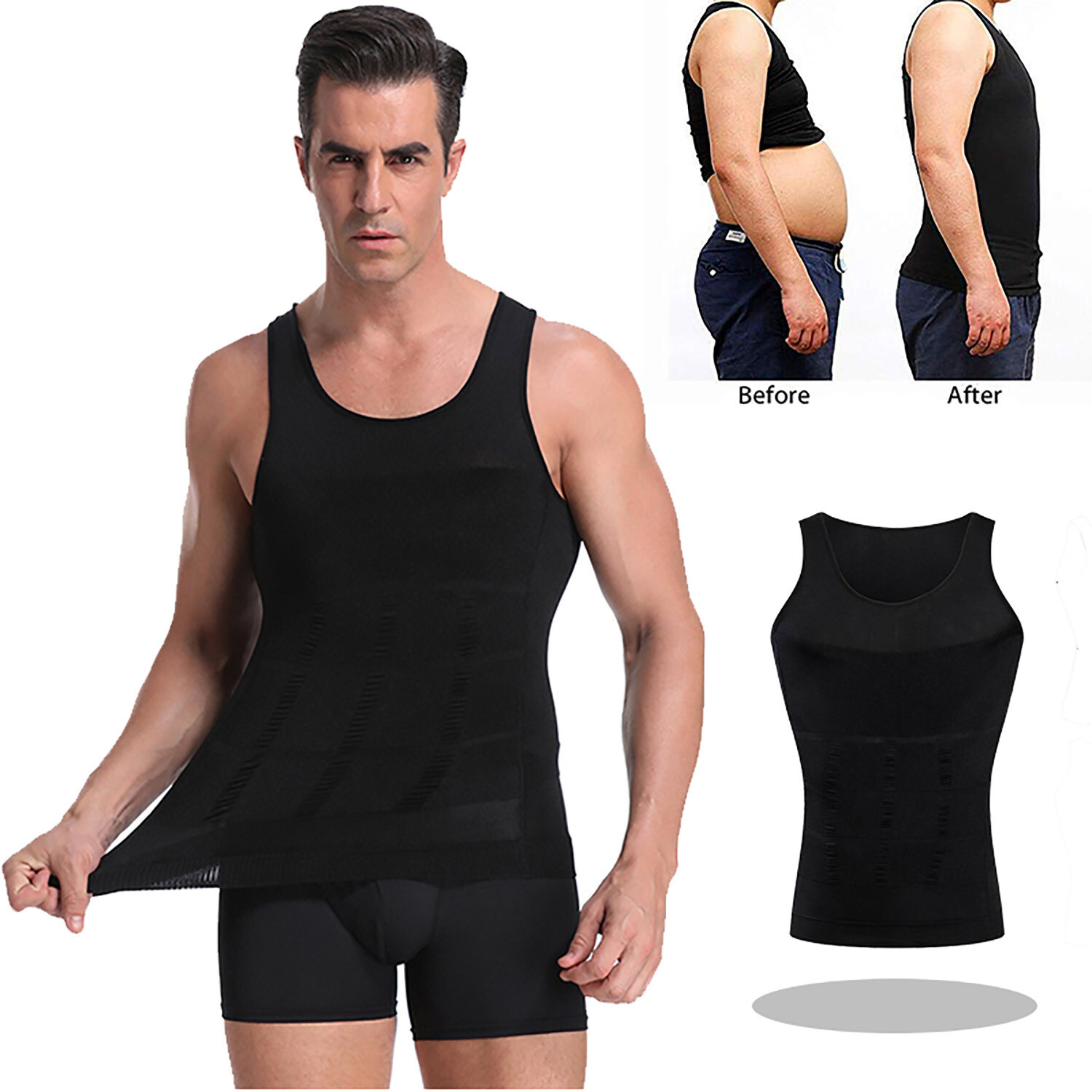 Men’s 3 Pack Compression Shirt Slimming Body Shaper Vest Gym Workout Tank Top