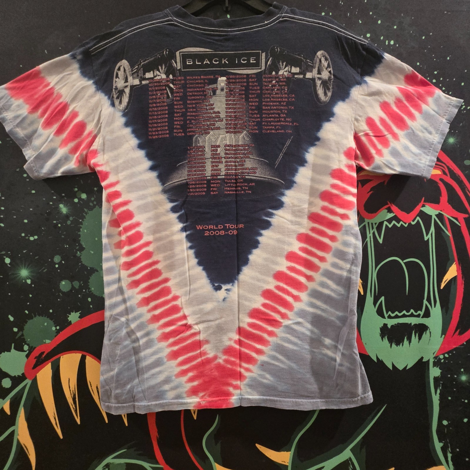 Vintage AC/DC Black Ice Pleated V Tie Dye Official 2008 Tour Concert Shirt Sz L