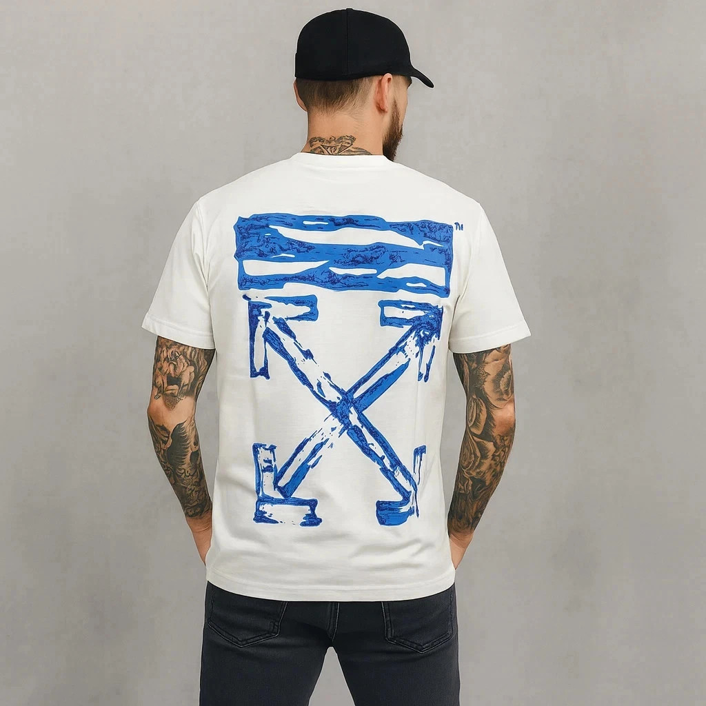 Off White White Blue Logo T-Shirt Men’s Oversized Streetwear 100% Cotton