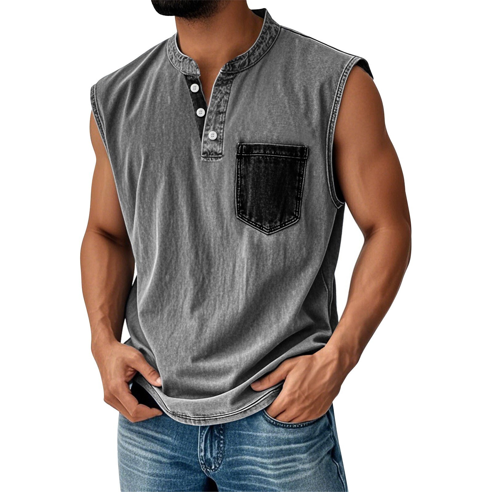 Men Sleeveless Beach Shirts Summer Hawaiian Shirts Casual Button Henley Tank Top