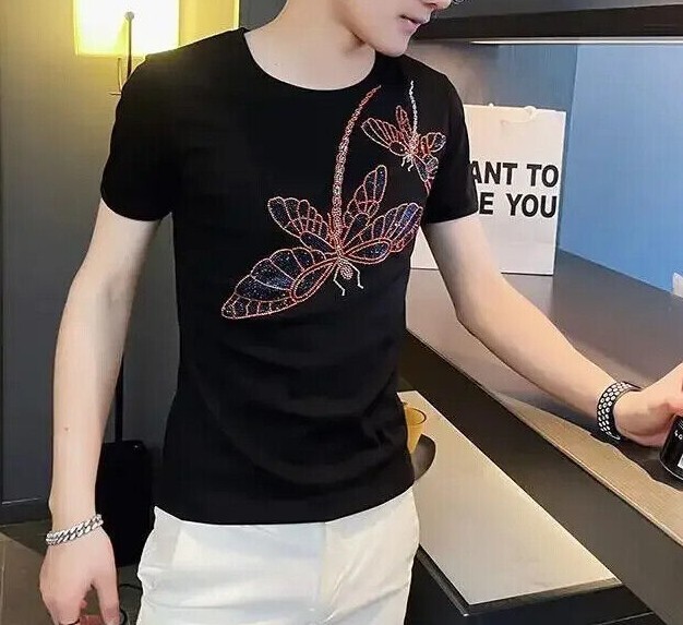 New Men Luxury Rhinestones Dragonfly Fashion Black White T-Shirt High Quality