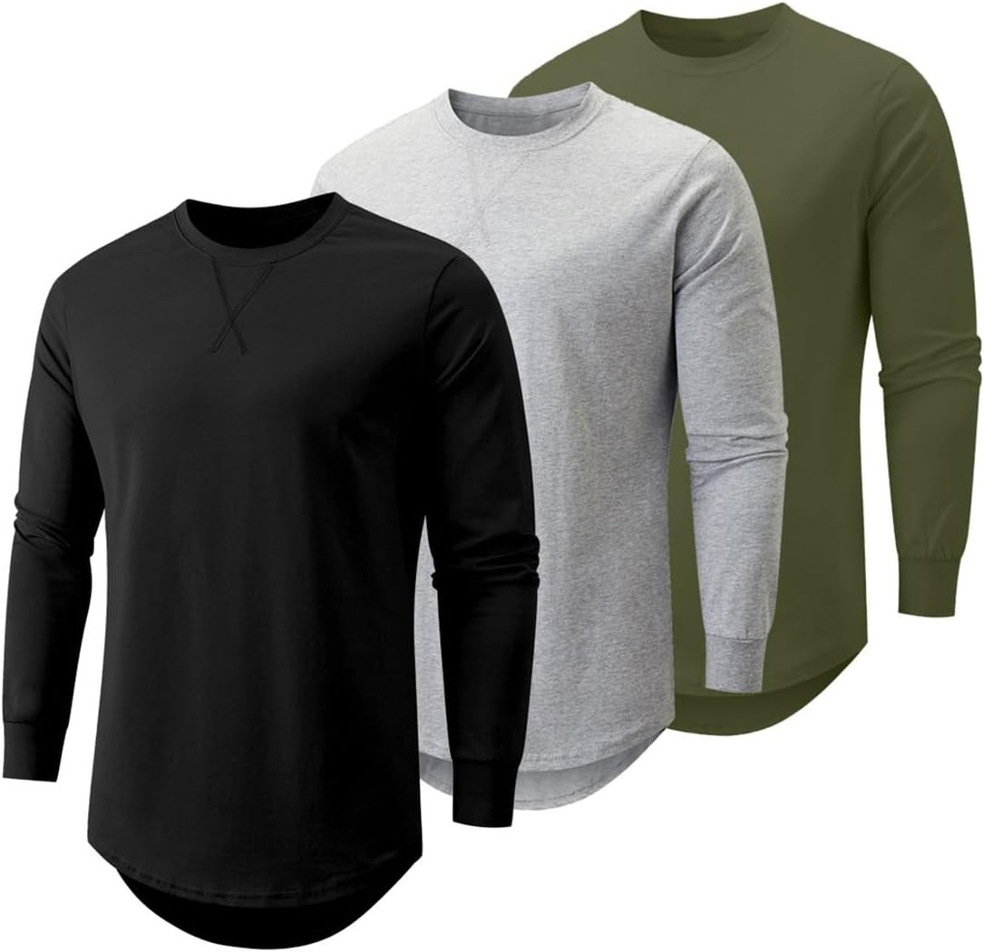 Mens 3 Pack Cotton Longline Crewneck T-Shirts Casual Hipster Fit Tee Set