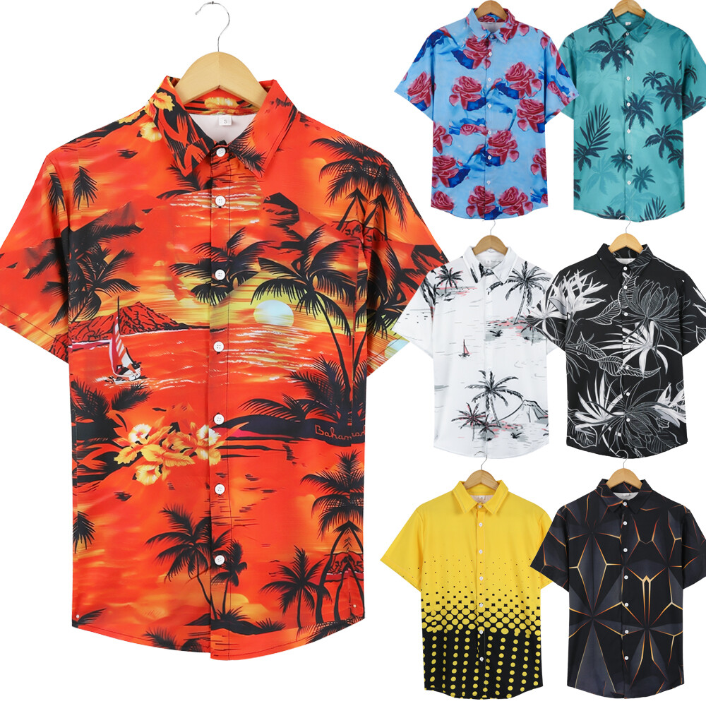 Hawaiian Shirt Mens Button Down Coconut Tree Print Beach Vacation Cruise Party @