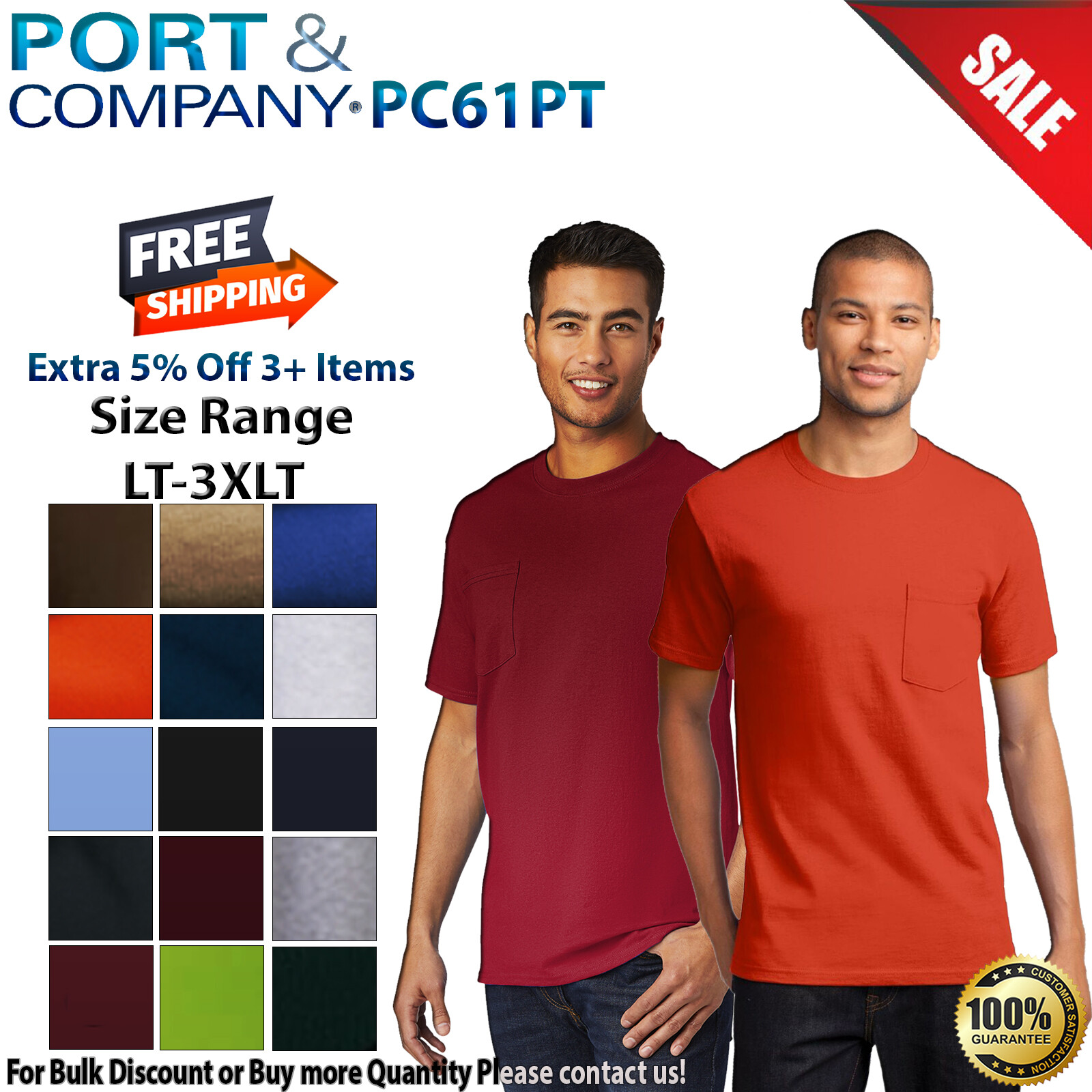 Port & Company PC61PT Mens Big & Tall Short Sleeve Essential T-Shirt With Pocket