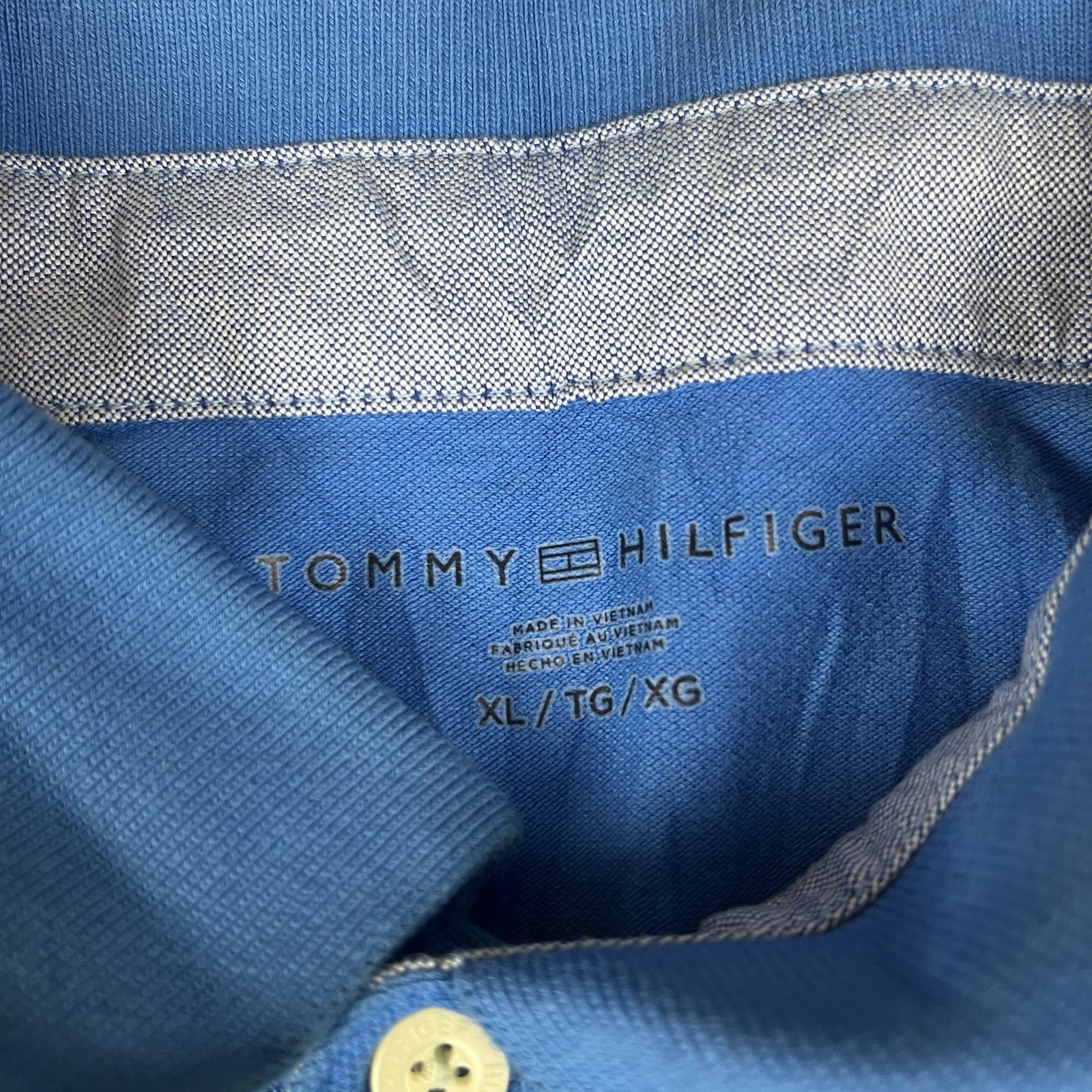 Tommy Hilfiger Blue Logo Stripe Spellout Polo Shirt Custom Fit Casual Tee XL