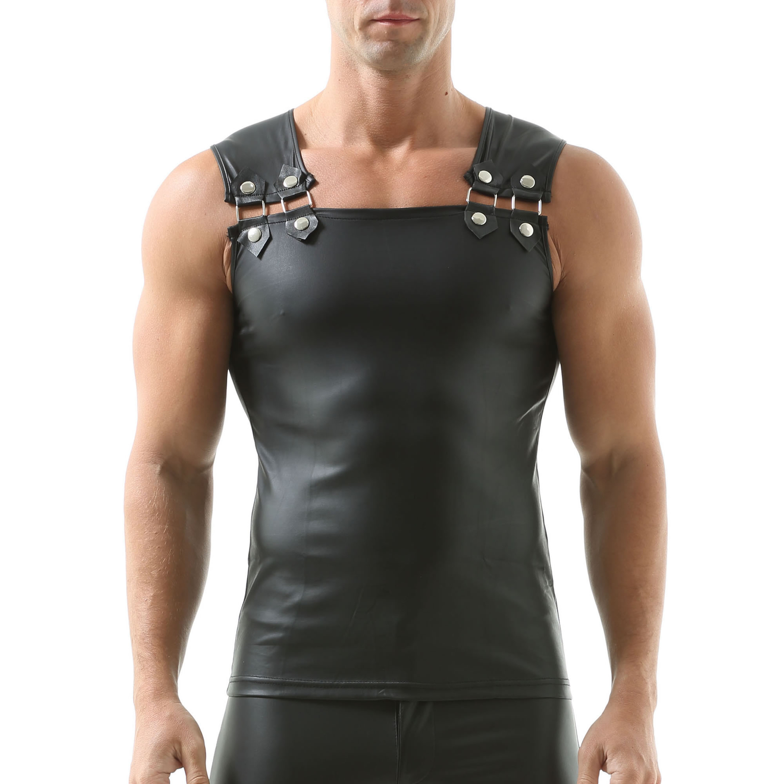 Black Sexy Men’s Sleeveless T-shirt Tank Tops Buckle Pvc Leather Vest Top Shirts