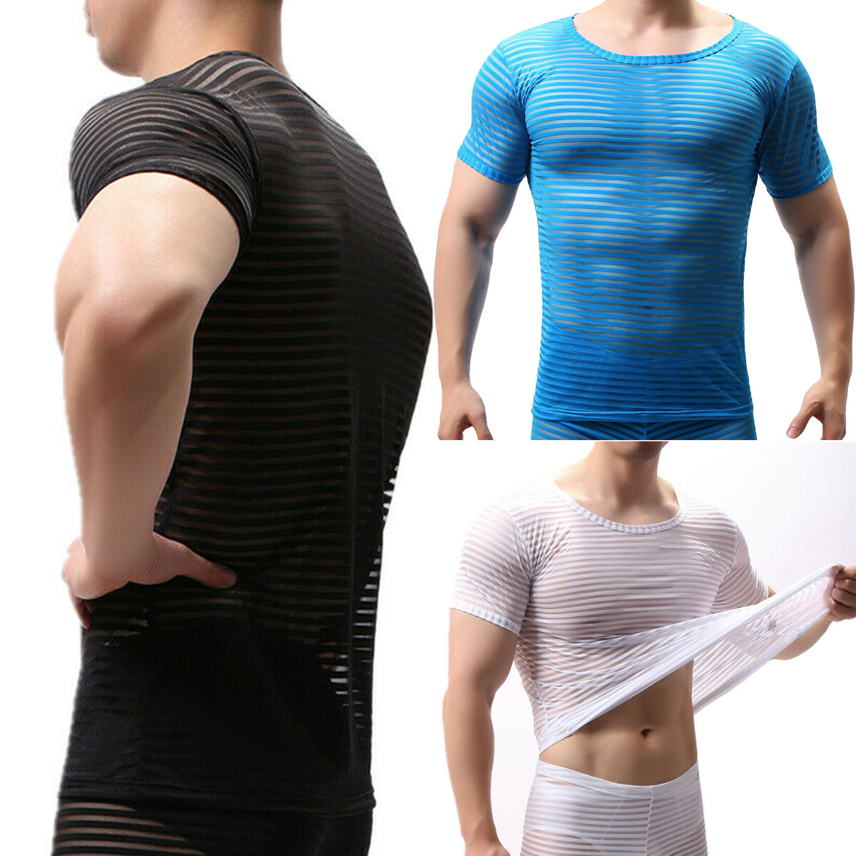 Mens Undershirt Mesh Men See Through Sheer Short Sleeve Sexy T-shirt Long Pants