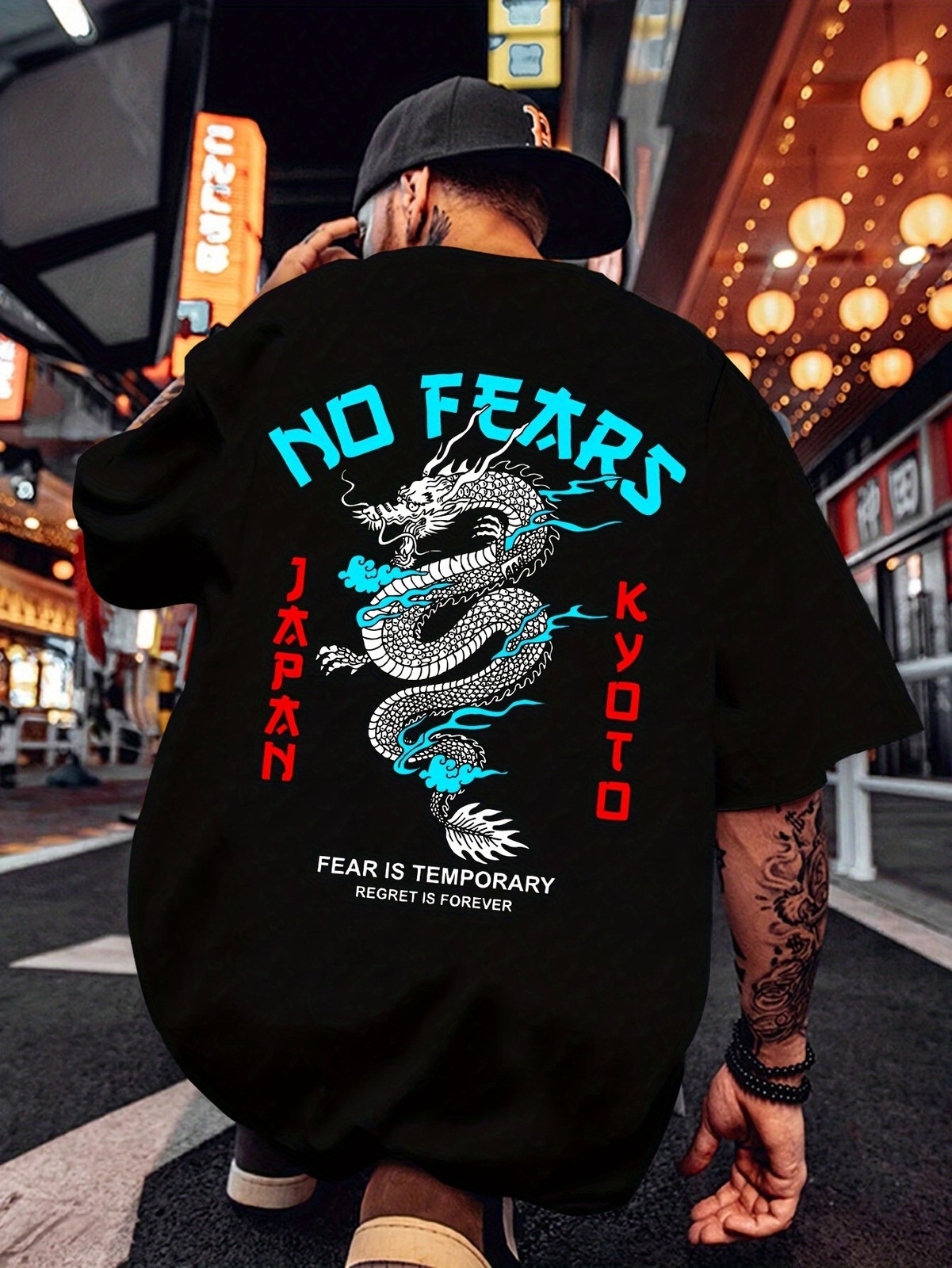Japanese Dragon No Fears Graphic Tee – Kyoto Streetwear Back-Print Shirt