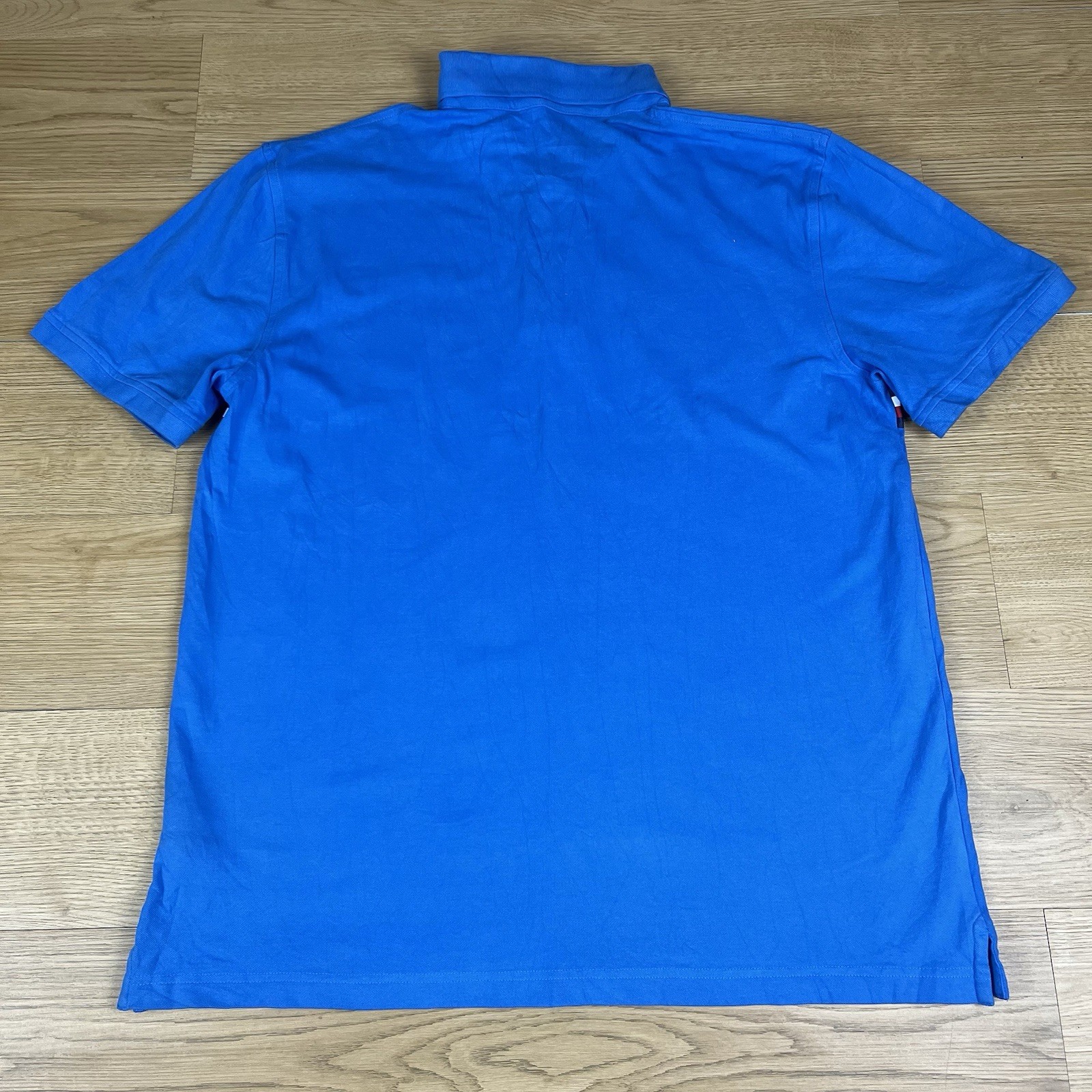 Tommy Hilfiger Blue Logo Stripe Spellout Polo Shirt Custom Fit Casual Tee XL
