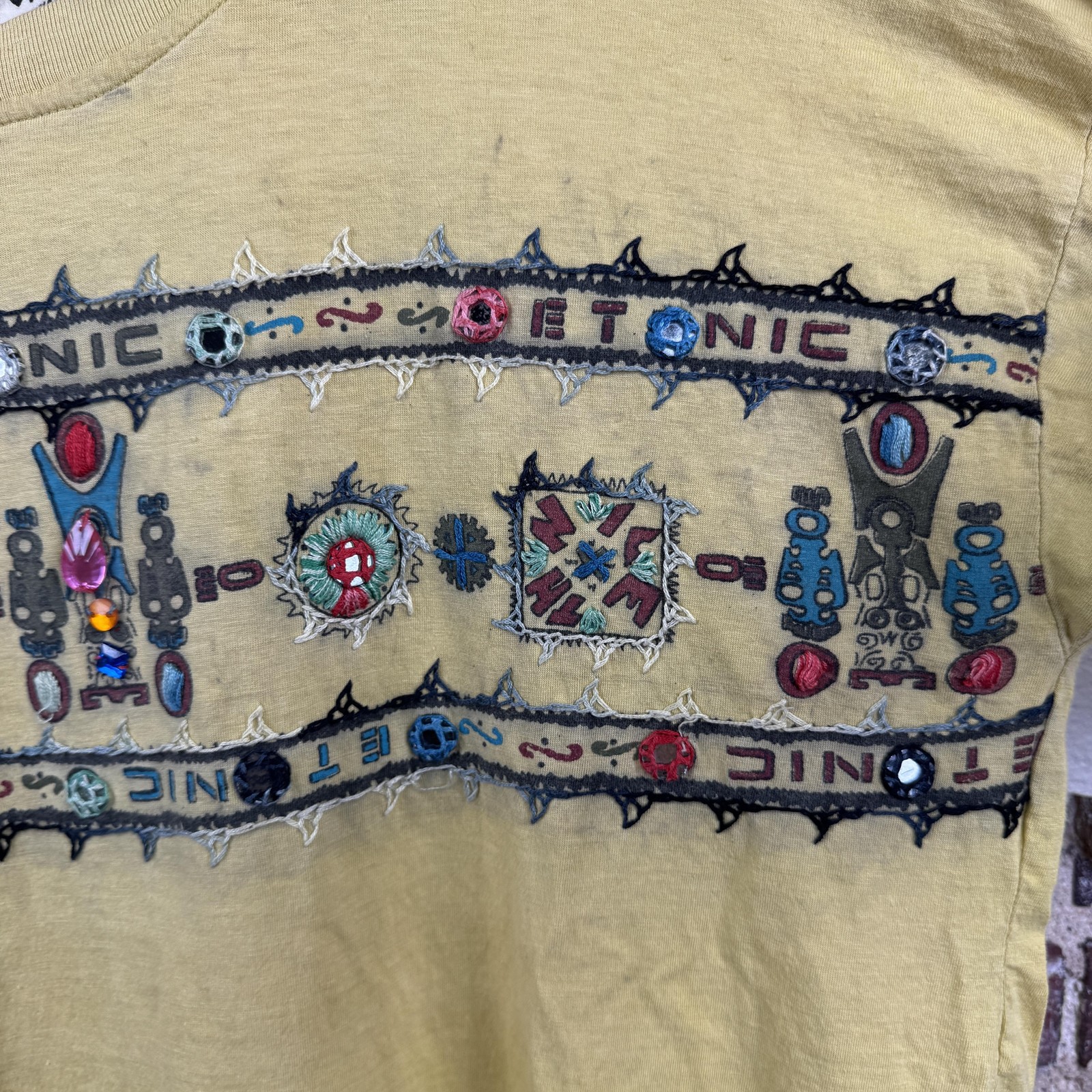 Vintage 2 Of Us Shirt Size Medium Yellow Ethnic Beaded Embroidered Boho 90s