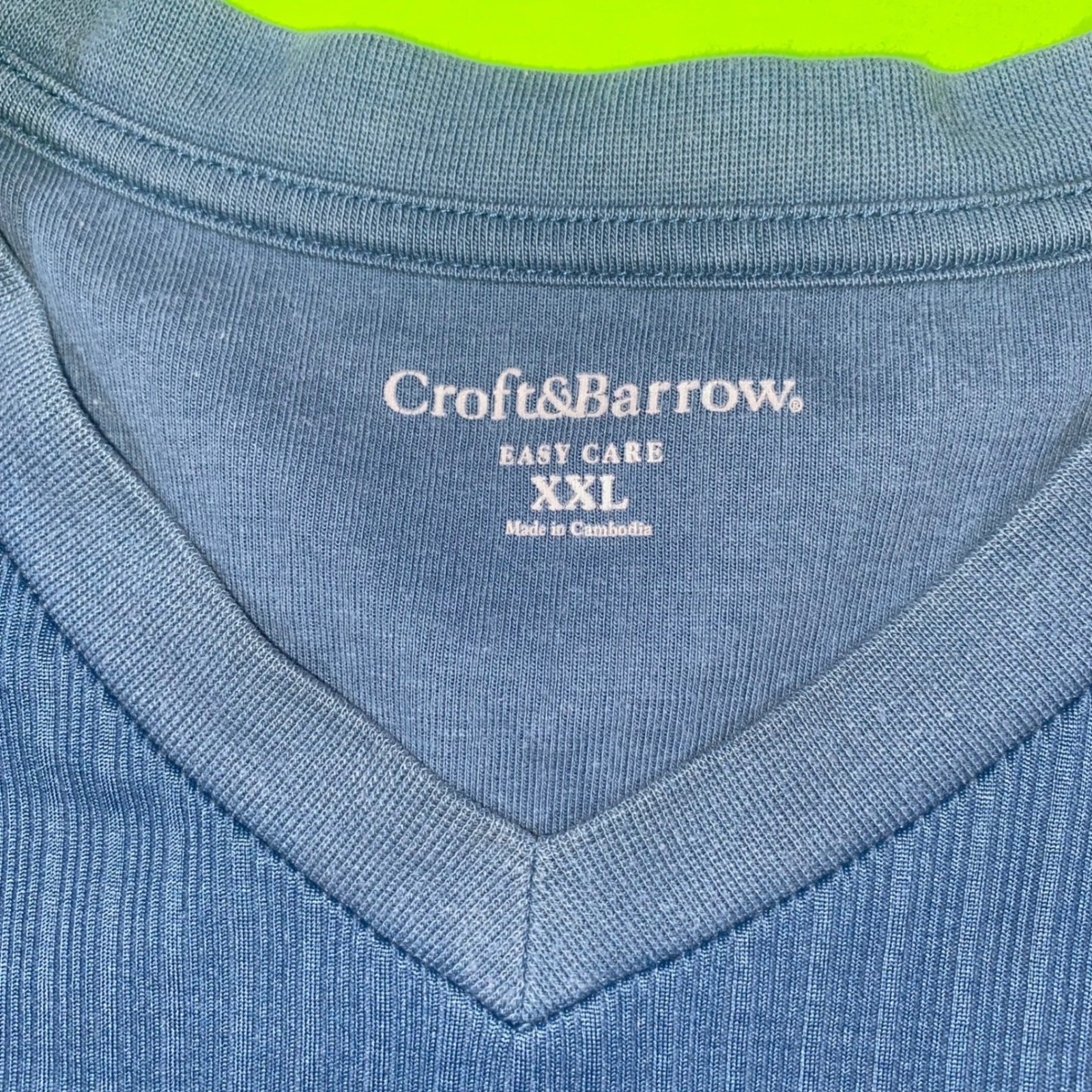 Croft & Barrow Mens XXL Blue Ribbed V-Neck Long Sleeve Easy Care T-Shirt