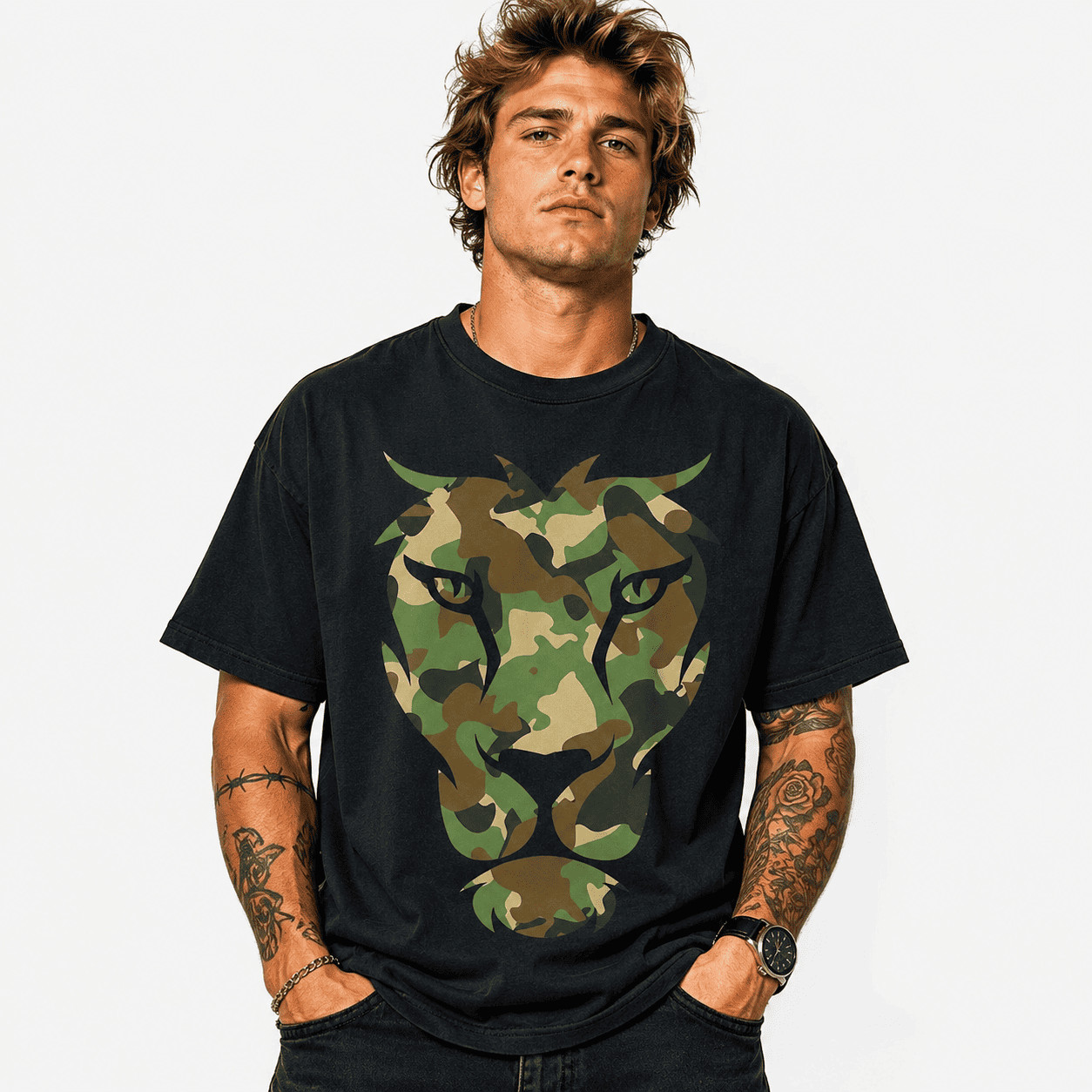 Camo Lion Head Graphic T-Shirt Military Camouflage Animal Print Tee