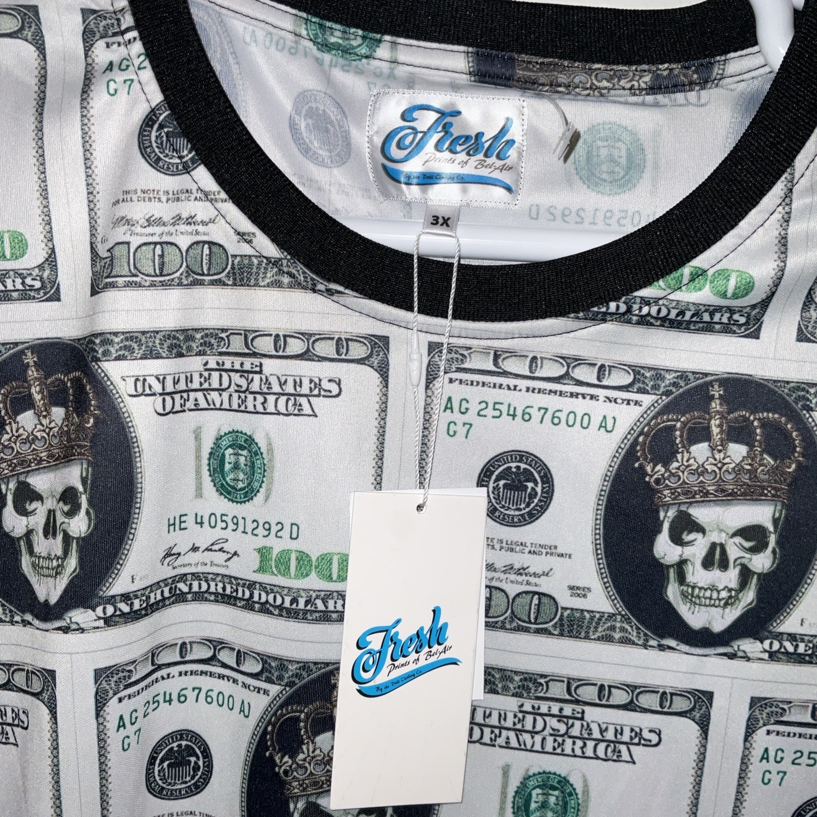FRESH PRINTS OF BEL AIR POLYESTER DOLLAR GOLD CROWN SKULL PRINT T-SHIRT 3X L NWT