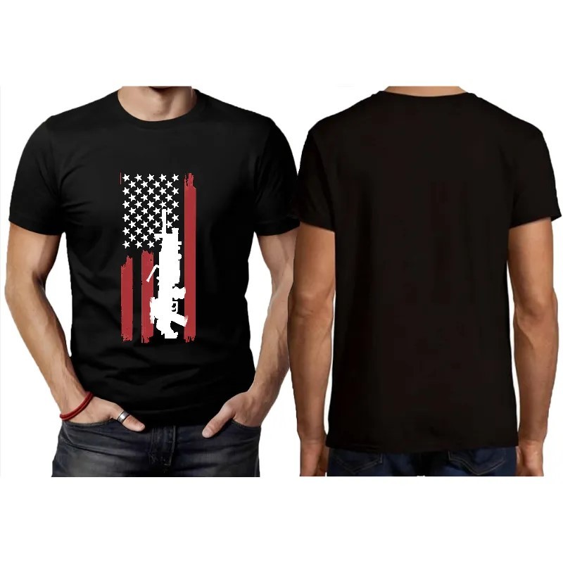 Men’s 100% Cotton T-Shirt Teens Short Sleeve Crew Neck American Flag Gun