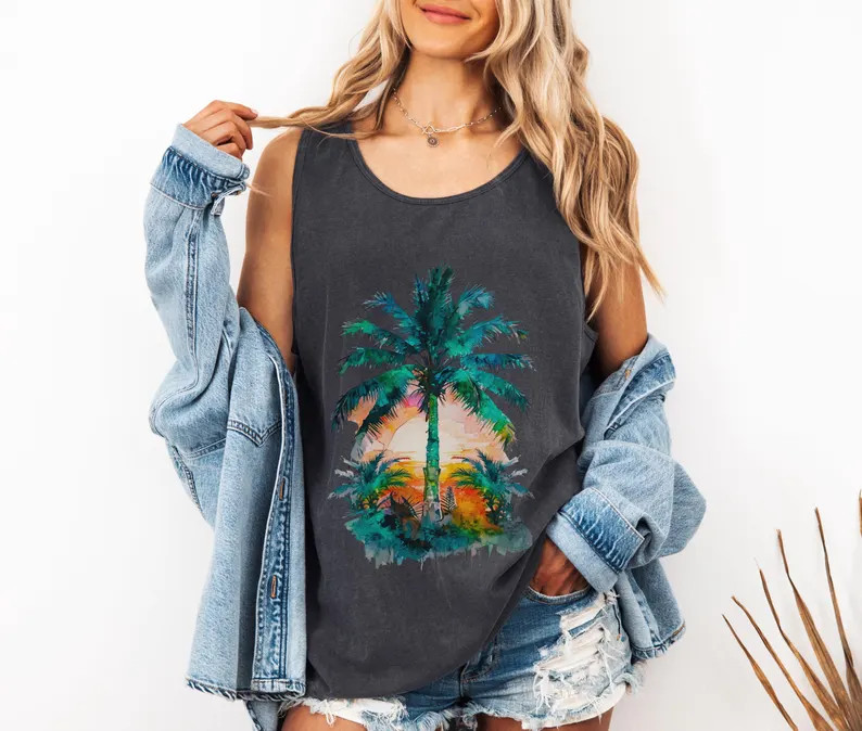 Tropical Palm Tree Sunset Tank Top Beach Vacation Apparel