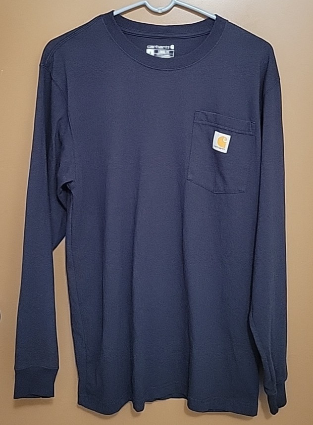 Carhartt Mens Loose Fit Heavyweight Tshirt Size S Navy Blue Long Sleeve Logo