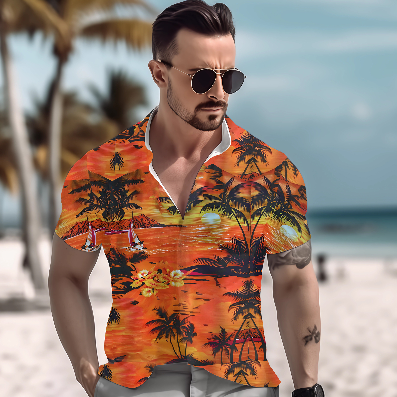 Mens Hawaiian Shirt Floral Palm Tree Sunset Surf Beach Sea Holiday Stag Dance