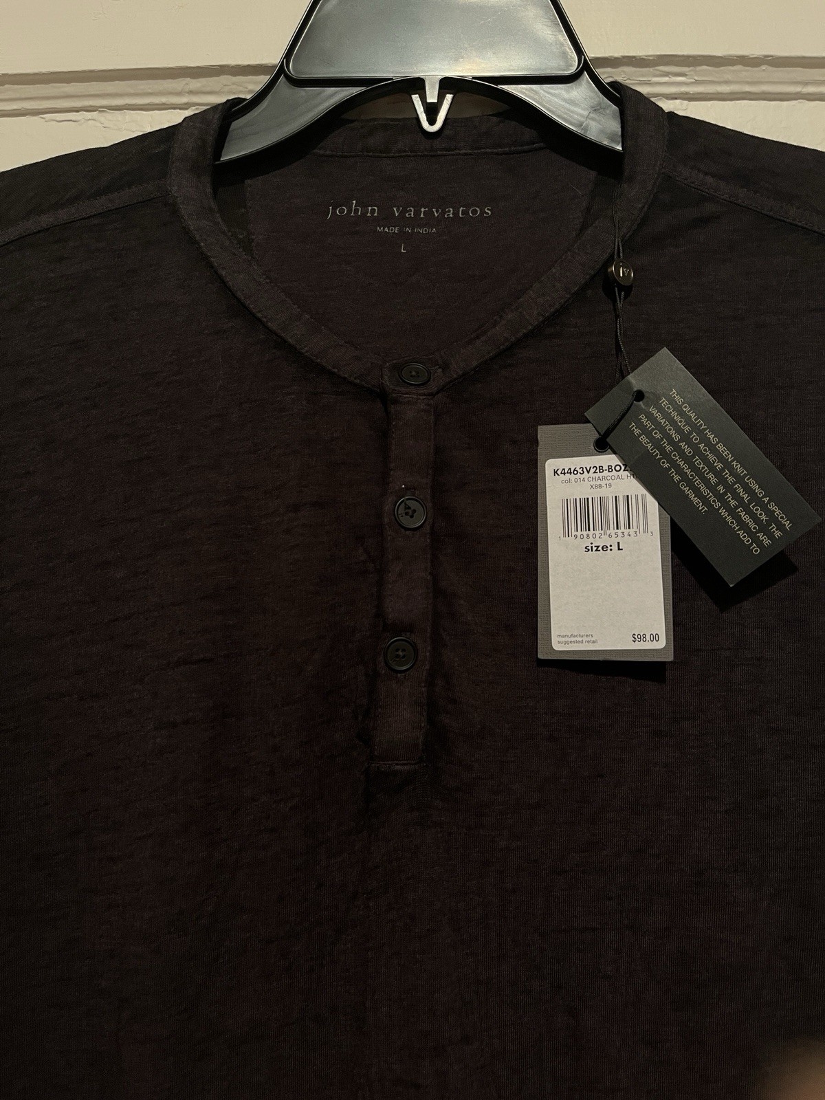 John Varvatos USA Men Charcoal Grey Heather Short Sleeve Duke Henley – NWT