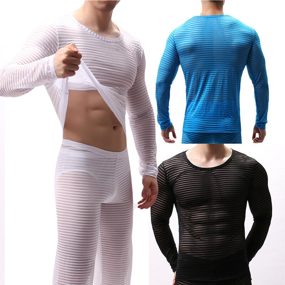 Men See Through Tank Top Striped Sheer Vest Clubwear Muscle T-Shirt Undershirts