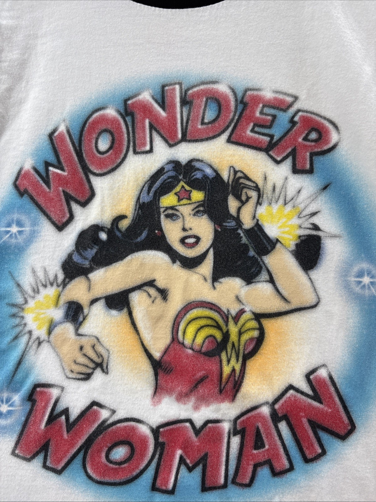 Wonder Woman Retro Air Brush Style Big Portrait White Ringer T-Shirt Size M