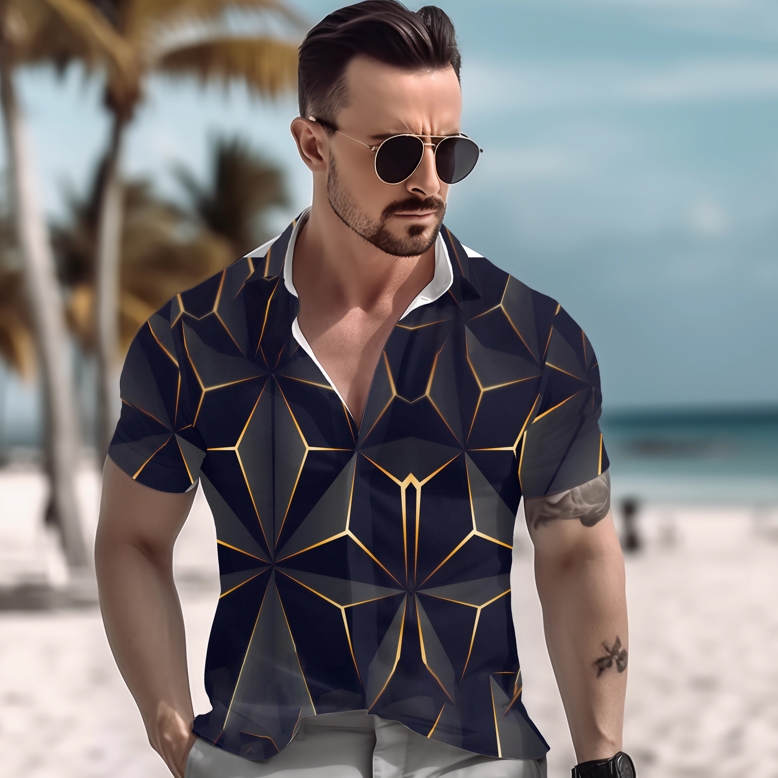 Mens Hawaiian Shirt Floral Palm Tree Sunset Surf Beach Sea Holiday Stag Dance
