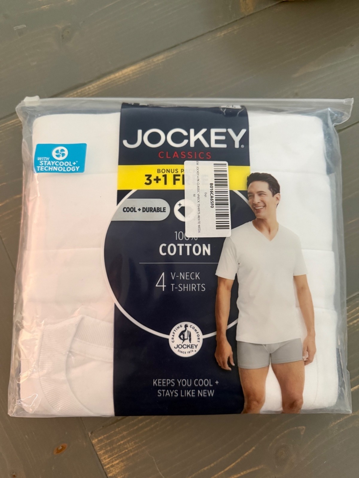 Jockey Mens Tagless V-Neck Undershirts 4-Pack StayCool Technology White M
