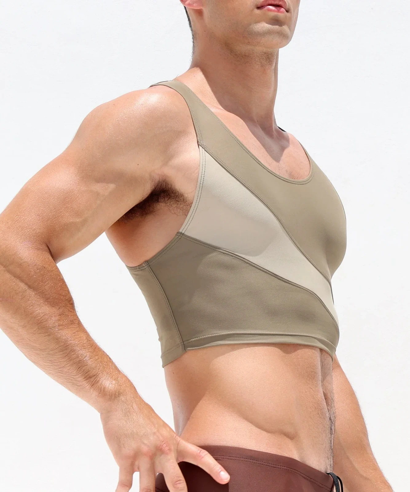 Rufskin mens Khaki Matte nylon crop top colorblock torso gym tank top size M