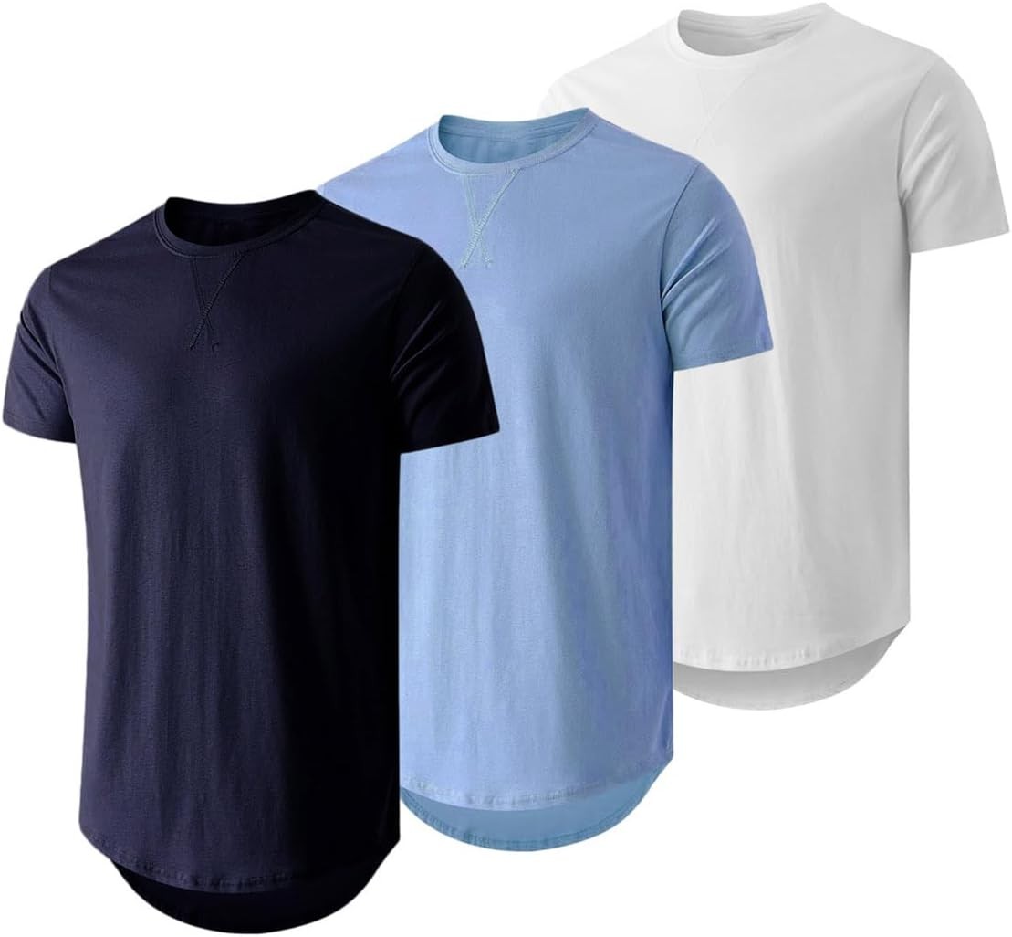 Mens 3 Pack Cotton Longline Crewneck T-Shirts Casual Hipster Fit Tee Set