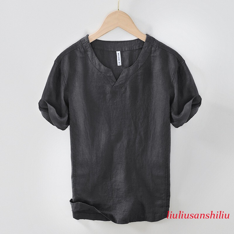 Men 100% Linen T-shirt V Neck Summer Short Sleeves Retro Tops Casual Undershirt