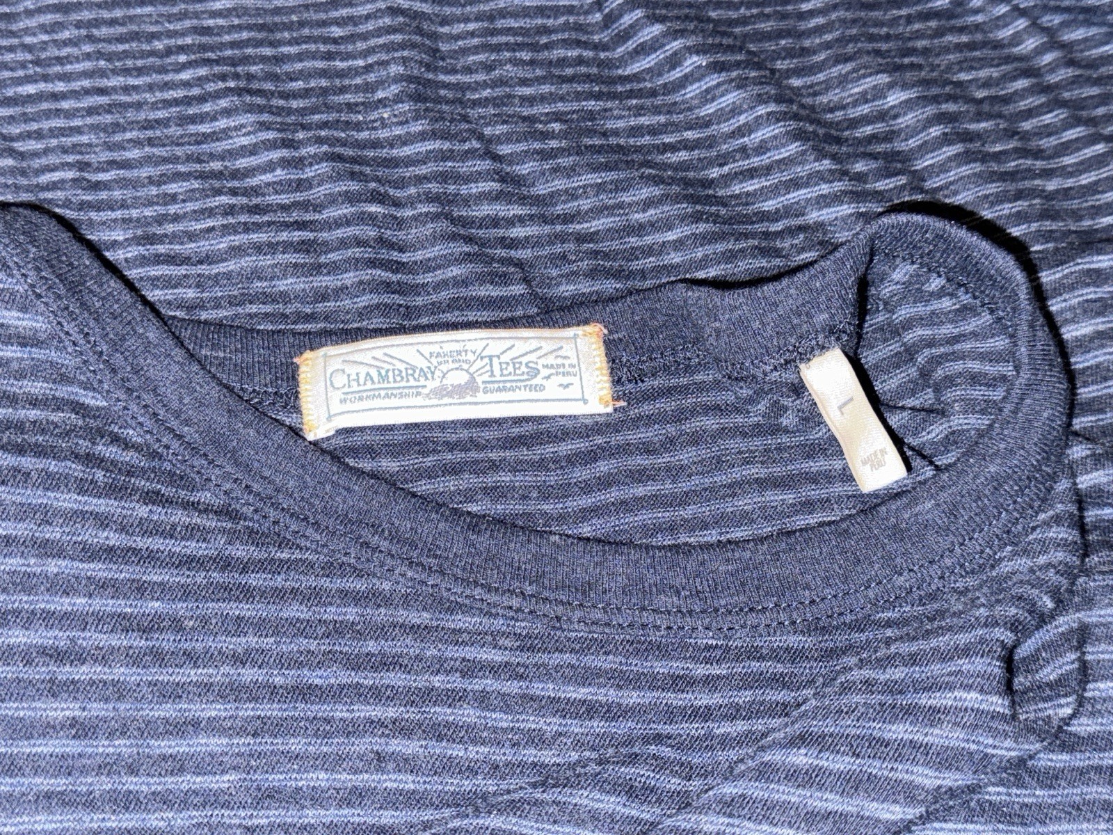 Faherty Men’s T-shirt L Blue Chambray Tees Short Sleeve Crew Cotton Striped