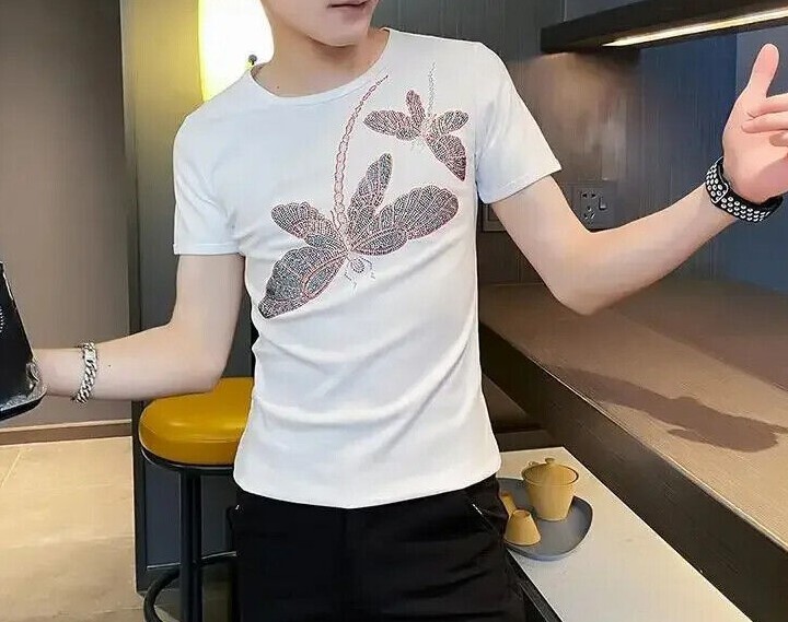 New Men Luxury Rhinestones Dragonfly Fashion Black White T-Shirt High Quality