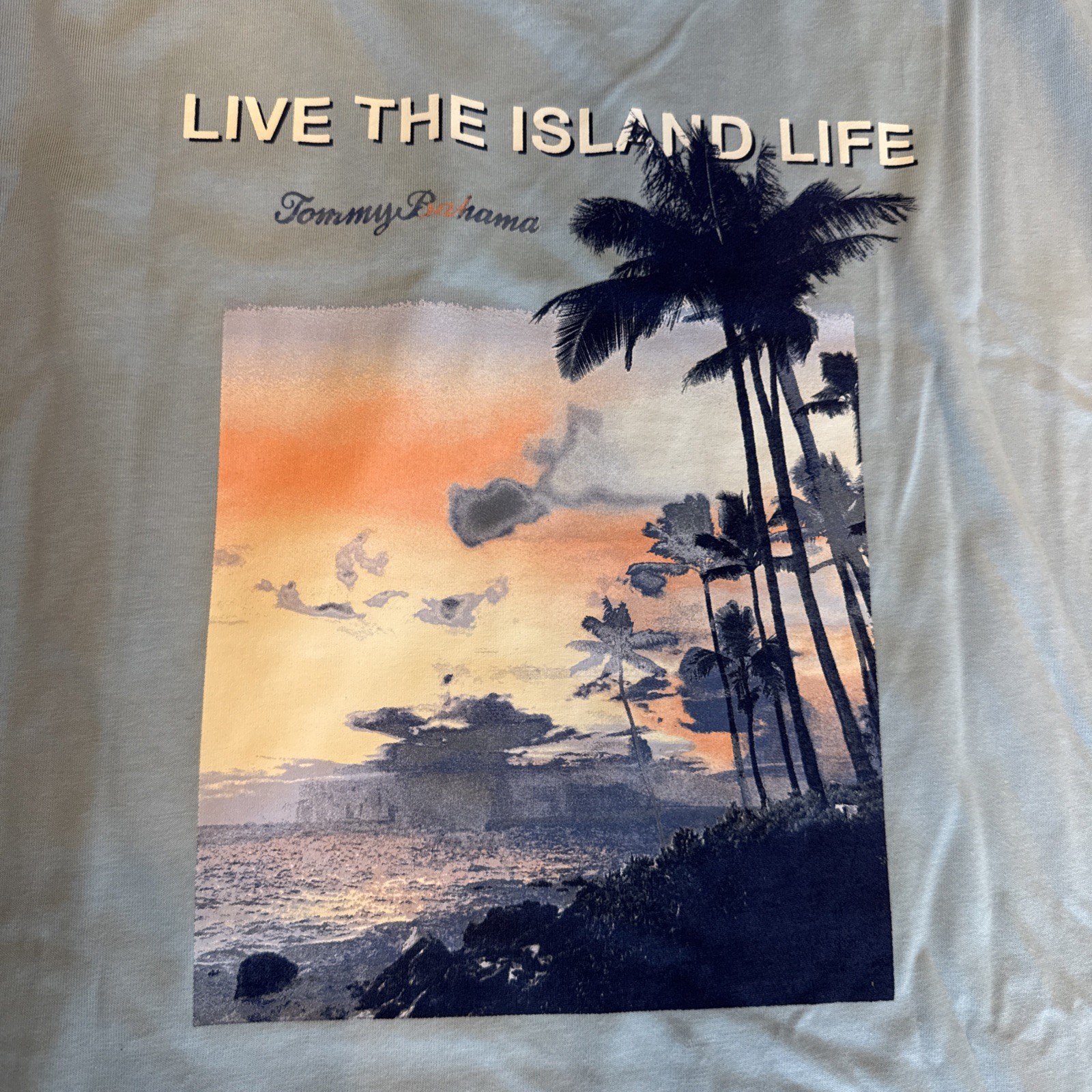 Tommy Bahama SZ XL Mens SS Tshirt Chambray Blue “Live The Island Life Cotton NWT