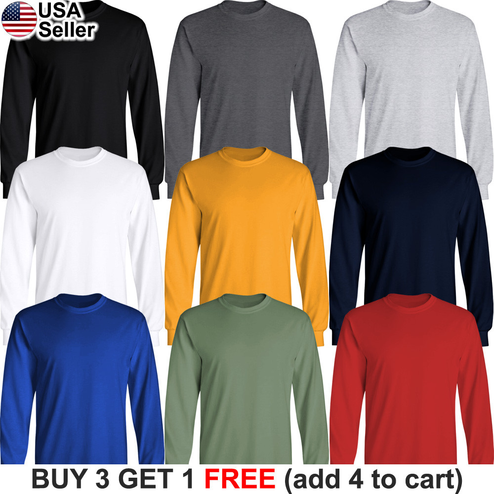 Basic Cotton T-Shirt Long Sleeve Plain Crew Neck Solid Men Youth Blank Color
