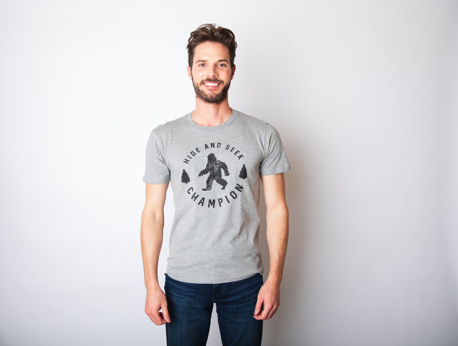 Mens Hide and Seek Champion T shirt Funny Bigfoot Tee Humor Cool Graphic Print