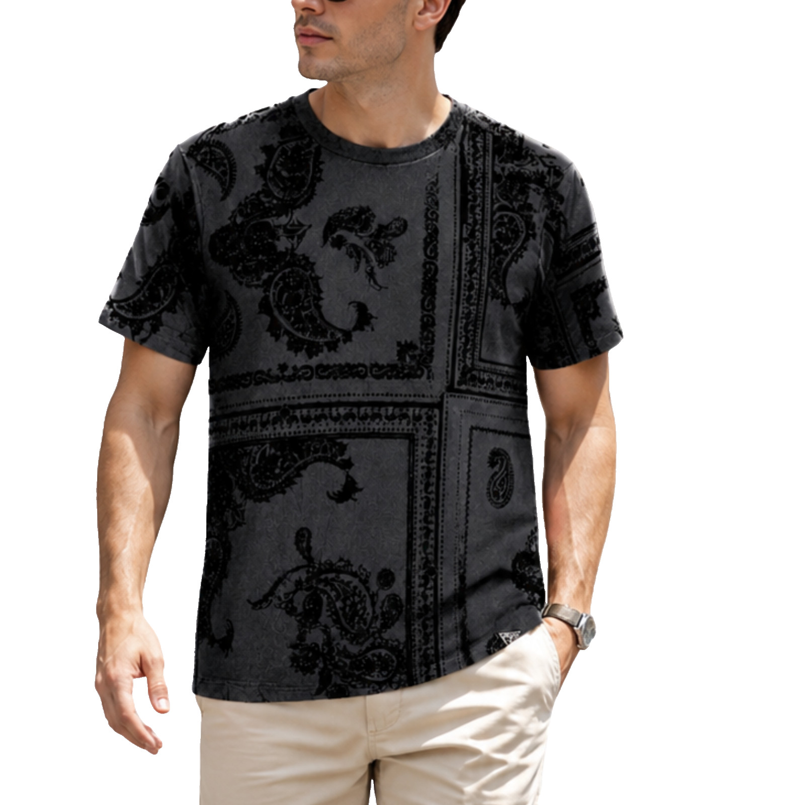 GUESS Men’s Size M Black Paisley Flocked T-Shirt Velvet Short Sleeve NWT