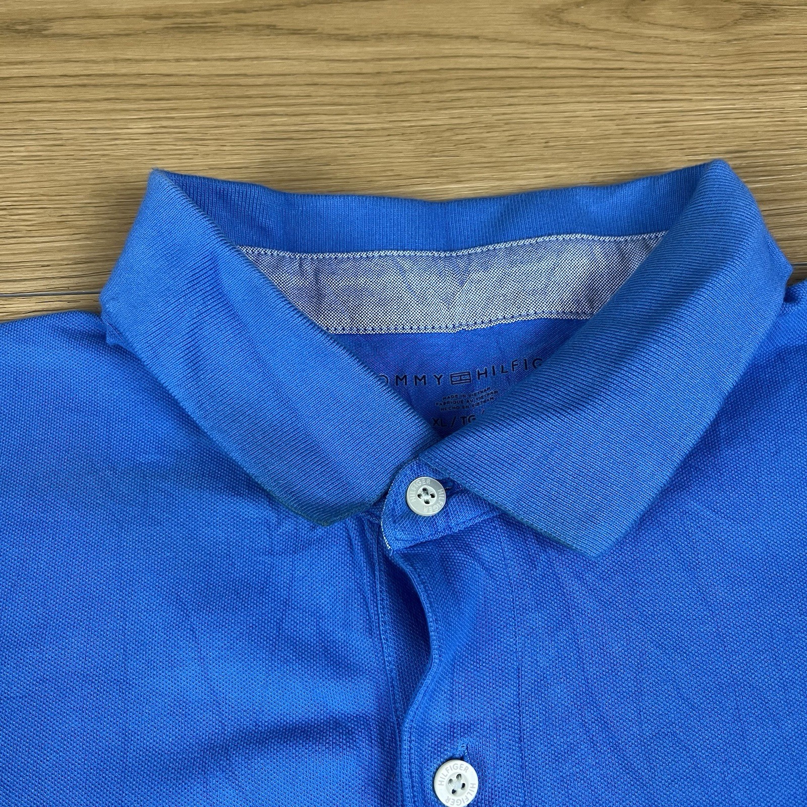 Tommy Hilfiger Blue Logo Stripe Spellout Polo Shirt Custom Fit Casual Tee XL