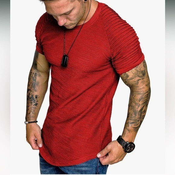 COOFANDY Mens Raglan Pleated Sleeve Muscle Fit Gym & Training T-Shirt Red XL