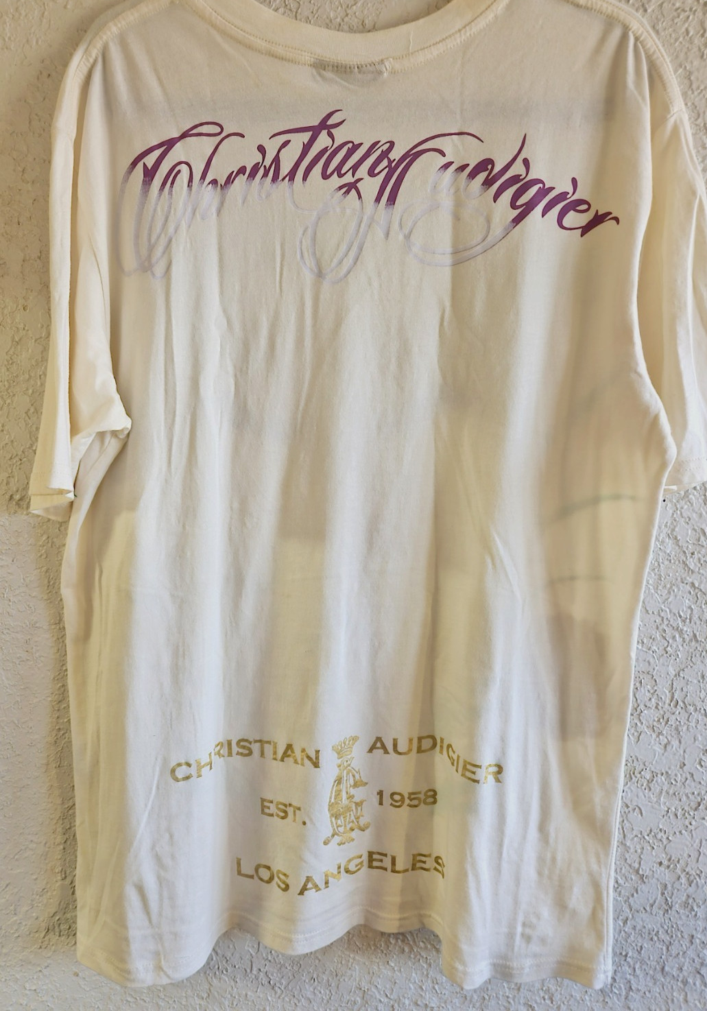 Y2K Christian Audigier Ed Hardy VIF XL Cream T-Shirt Beaded Stitched Stored New