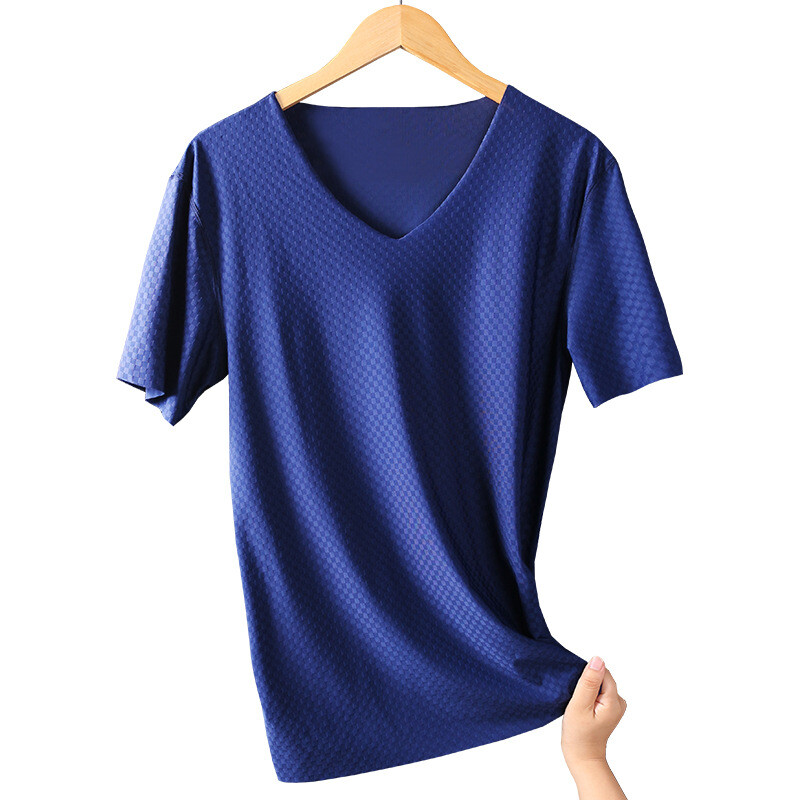 Men’s Undershirts Ice Silk T-Shirt Short Sleeve Seamless V-Neck Short Shirt