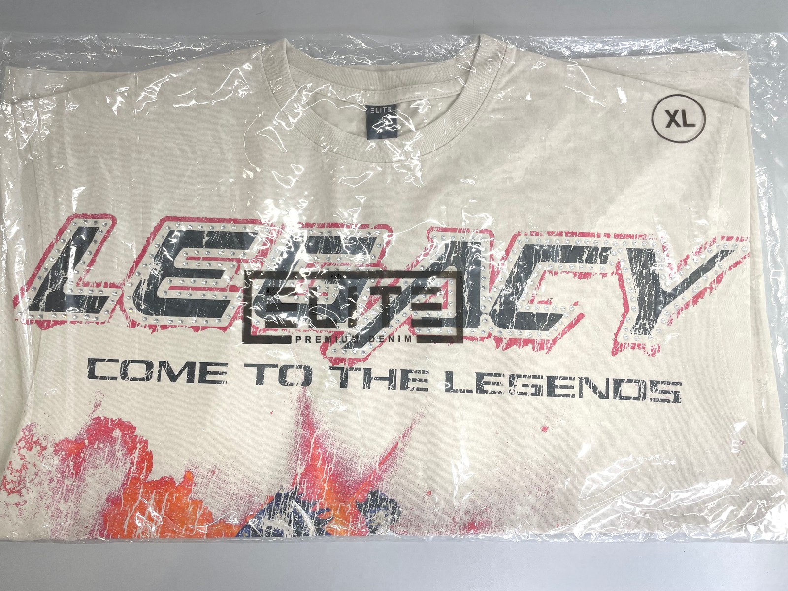 Elite Mens T-Shirt Beige/Multi Size XL Legends Embellished Graphic Print Cotton