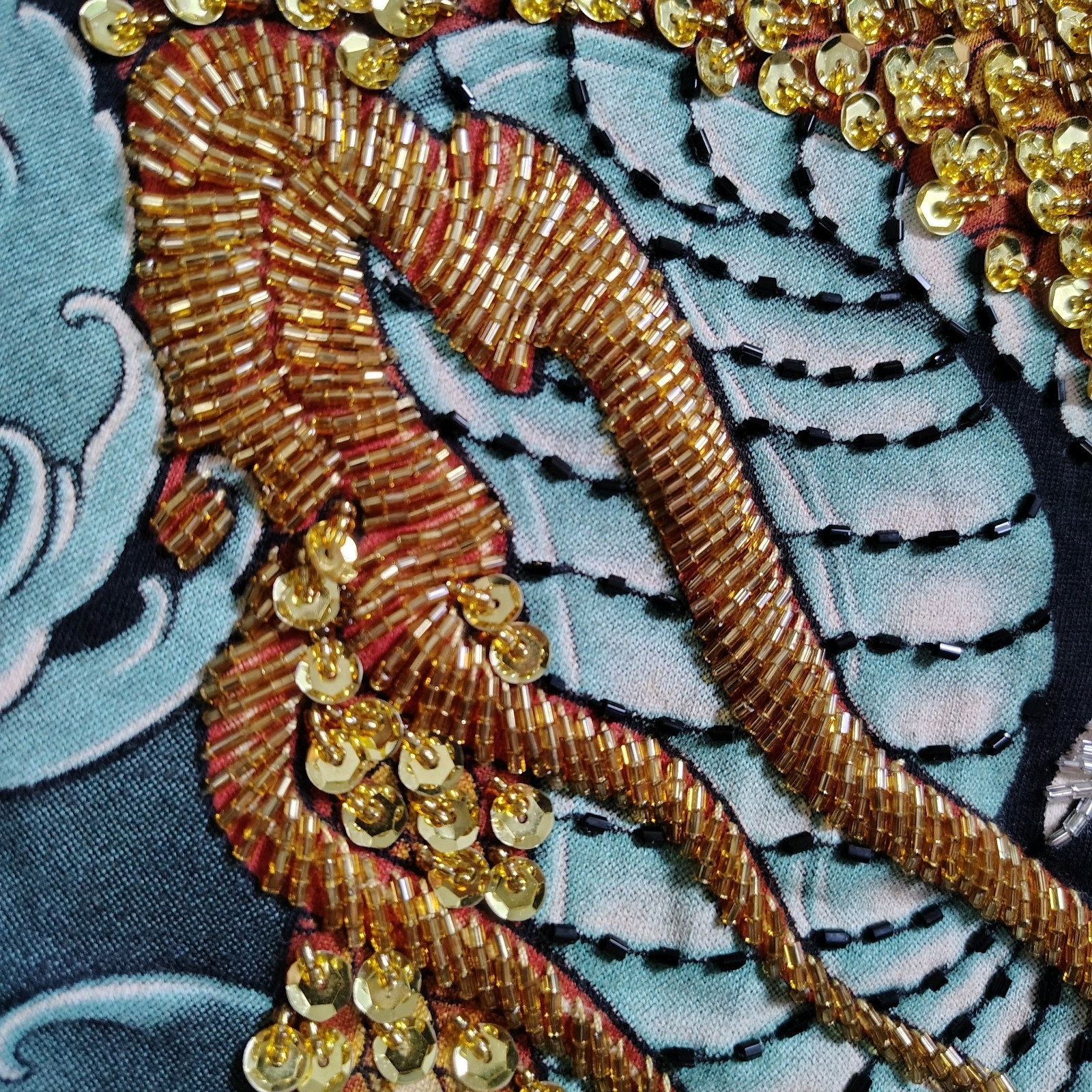 TARMAFIA Year of the Dragon Handmade Sequin & Beaded Mens L Shirt Power Fortune