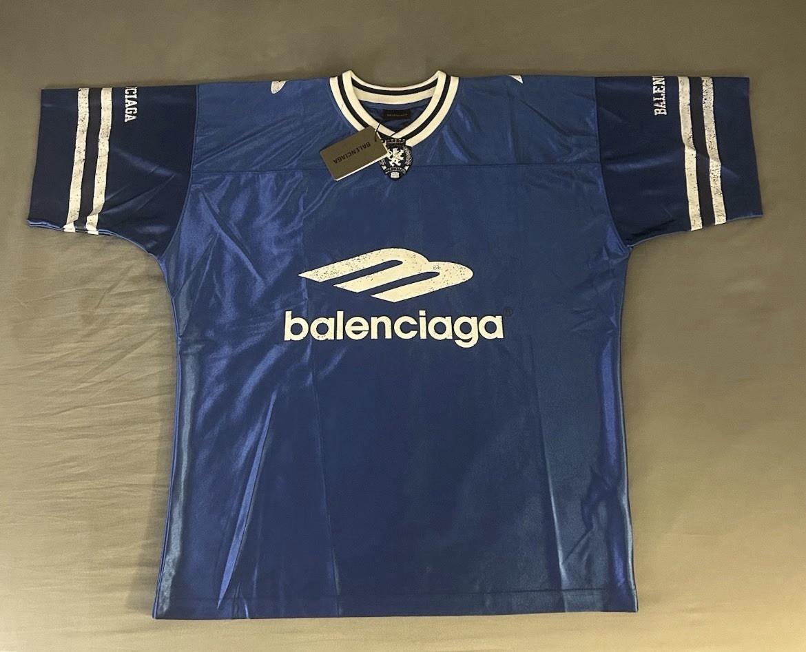 Balenciaga Men’s L Blue/White Logo V-Neck Short Sleeve Satin T-Shirt