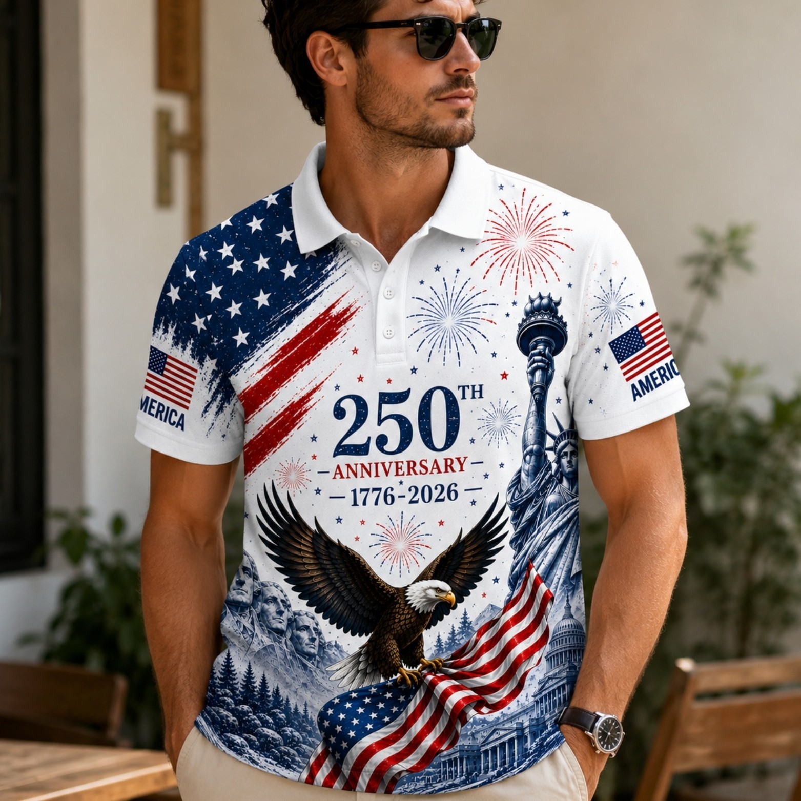 USA 250th Anniversary Golf Polo Shirt 1776-2026 American Flag Patriotic (S-5XL)
