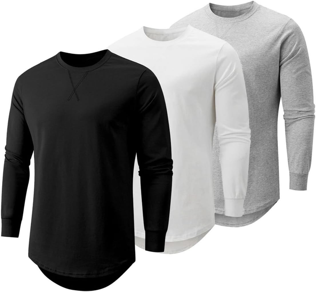 Mens 3 Pack Cotton Longline Crewneck T-Shirts Casual Hipster Fit Tee Set
