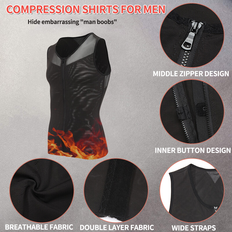 Mens Gynecomastia Moobs Belly Compression Shirt Zipper Slimming Body Shaper Vest